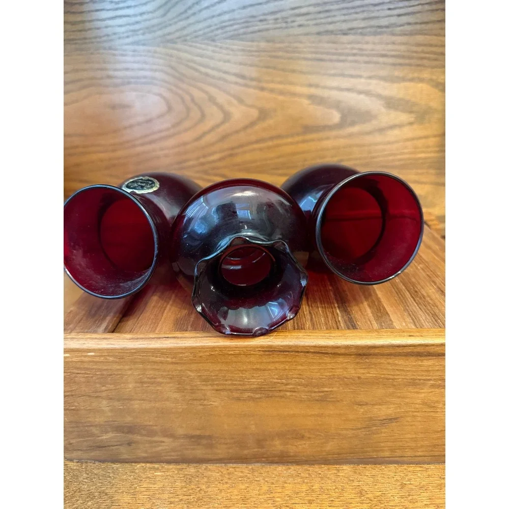 Royal Ruby Anchor Hocking Glass Vase Set Vintage Red Bud and Ruffled Vases 3pc